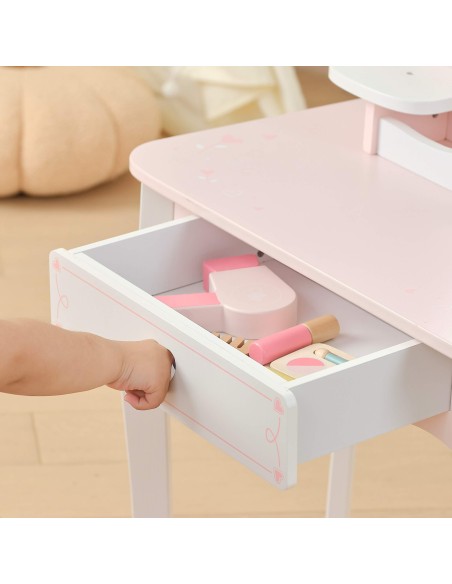 VIGA Large Wooden Dressing Table in White and Pink with Mirror and Chair