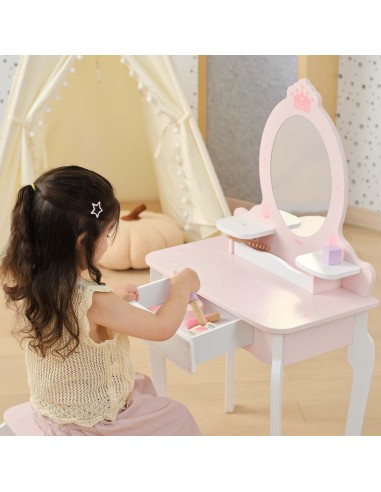 VIGA Große Holz-Toilette Weiß-Rosa mit Spiegel und Stuhl