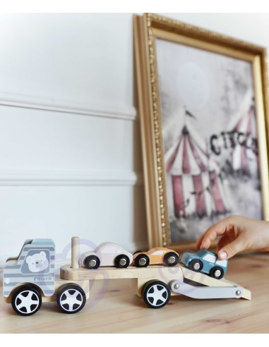 Medinė platforma su automobiliais Viga – medinių automobilių rinkinys