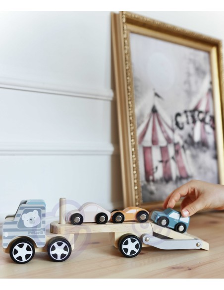 Medinė platforma su automobiliais Viga – medinių automobilių rinkinys
