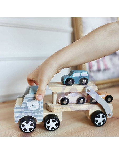 Medinė platforma su automobiliais Viga – medinių automobilių rinkinys