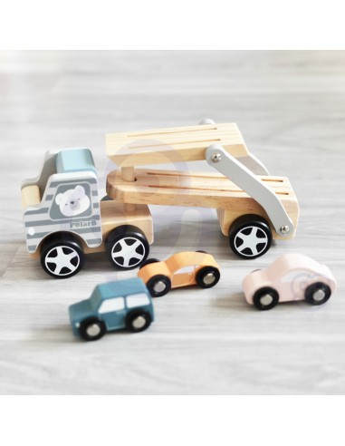 Medinė platforma su automobiliais Viga – medinių automobilių rinkinys