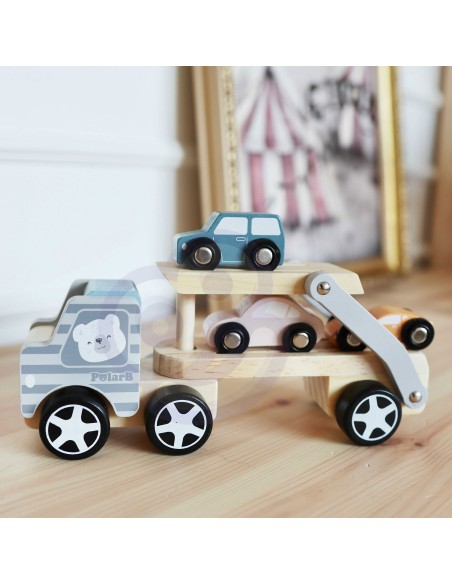 Medinė platforma su automobiliais Viga – medinių automobilių rinkinys
