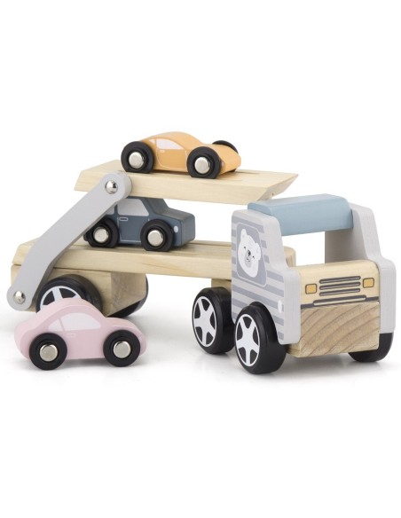 Medinė platforma su automobiliais Viga – medinių automobilių rinkinys