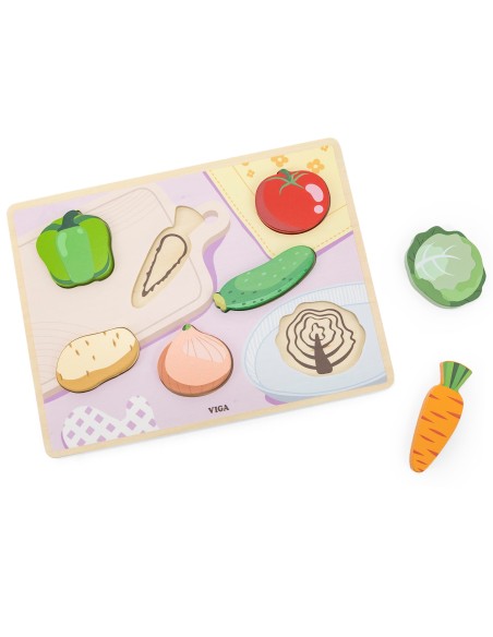 VIGA Holz-Puzzles & Steckspiel Montessori 2in1 – Figuren Gemüse