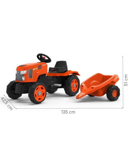 FALK pedalinis traktorius Kubota su priekaba ir atsidarančiu variklio gaubtu 2-6 m.
