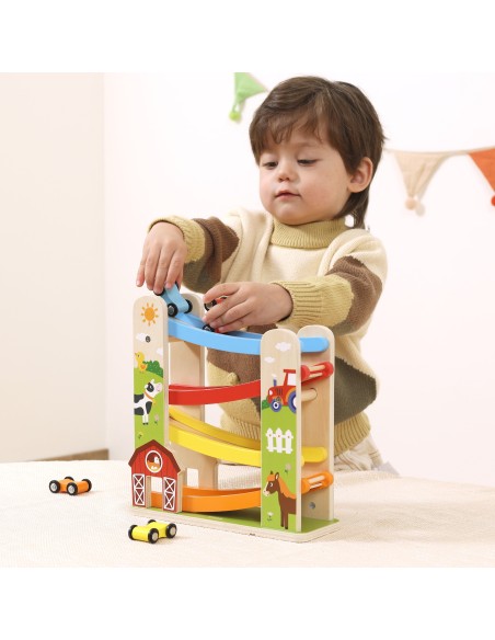 Holz-Rennbahn & kleine Autos Bauernhof Viga – Geschenk für Kinder ab 18 Monaten