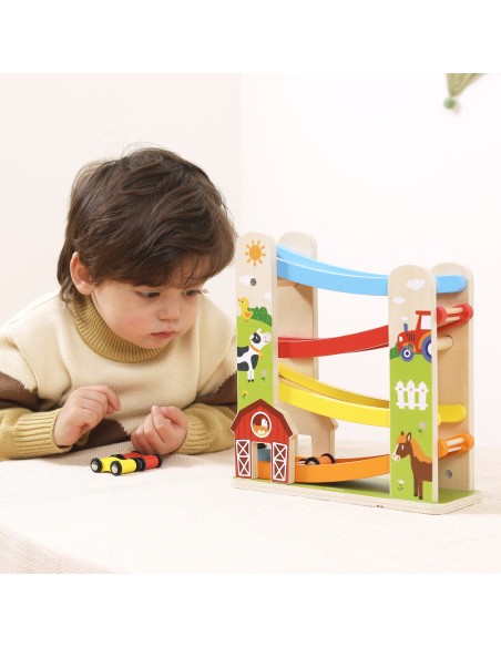 Holz-Rennbahn & kleine Autos Bauernhof Viga – Geschenk für Kinder ab 18 Monaten
