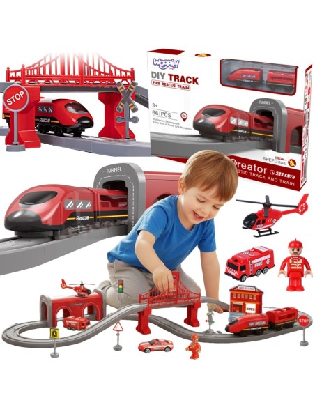 Gleisstrecke mit Zug Woopie – Set 66-tlg. Brücke Tunnel Geräusche