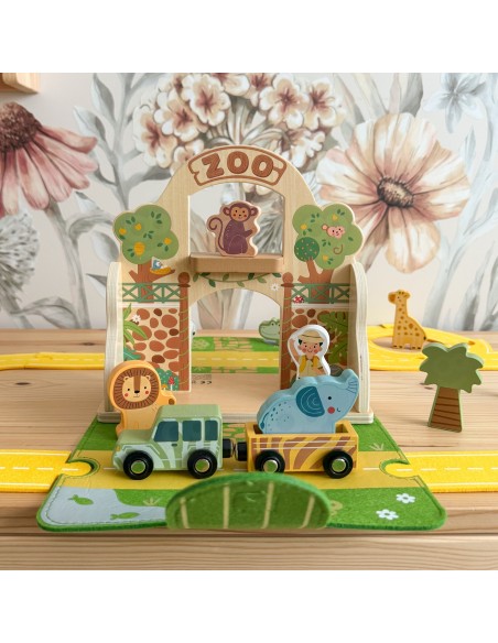 Holz-Zoo in der Tasche Tooky Toy – Safari mit Figuren und Fahrzeugen