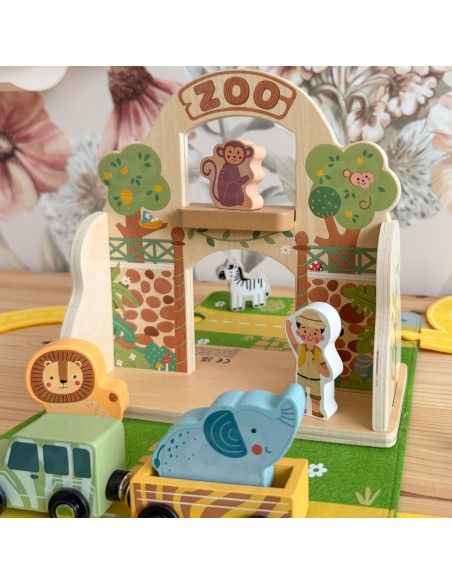 Holz-Zoo in der Tasche Tooky Toy – Safari mit Figuren und Fahrzeugen