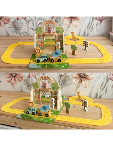 Holz-Zoo in der Tasche Tooky Toy – Safari mit Figuren und Fahrzeugen