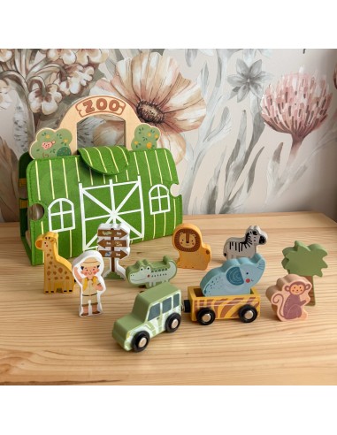 Holz-Zoo in der Tasche Tooky Toy – Safari mit Figuren und Fahrzeugen