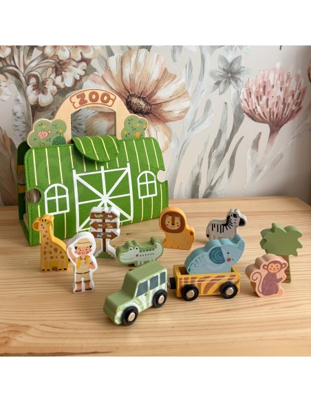 Holz-Zoo in der Tasche Tooky Toy – Safari mit Figuren und Fahrzeugen