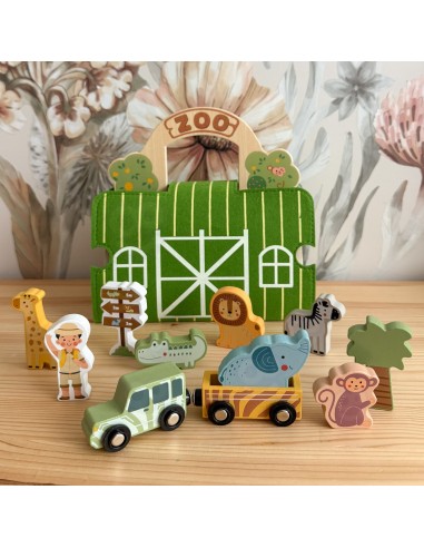 Holz-Zoo in der Tasche Tooky Toy – Safari mit Figuren und Fahrzeugen