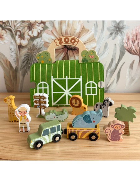 Holz-Zoo in der Tasche Tooky Toy – Safari mit Figuren und Fahrzeugen