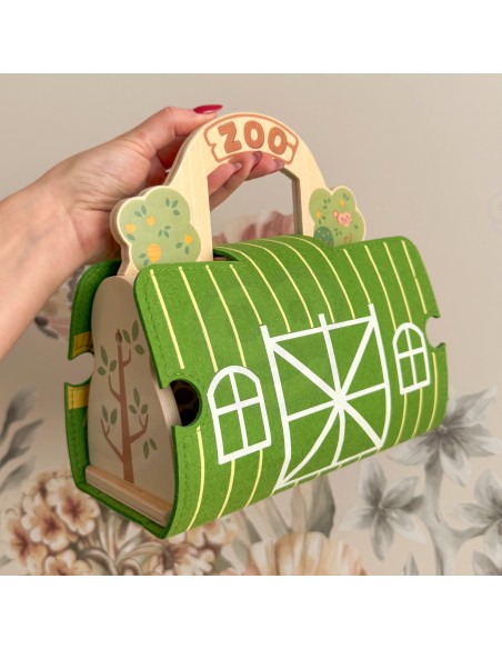 Holz-Zoo in der Tasche Tooky Toy – Safari mit Figuren und Fahrzeugen