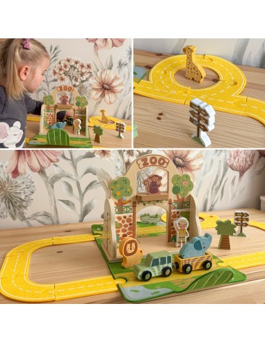 Holz-Zoo in der Tasche Tooky Toy – Safari mit Figuren und Fahrzeugen