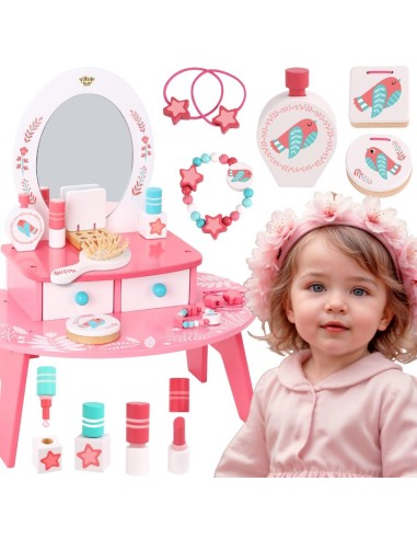 TOOKY TOY Pink Wooden Dressing Table with Mirror - Makeup for Kids