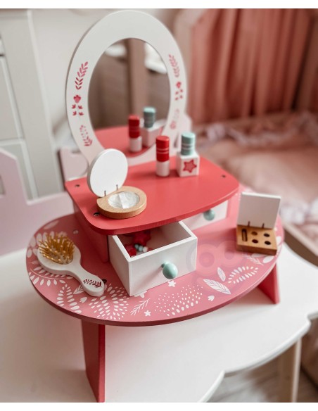 TOOKY TOY Pink Wooden Dressing Table with Mirror - Makeup for Kids