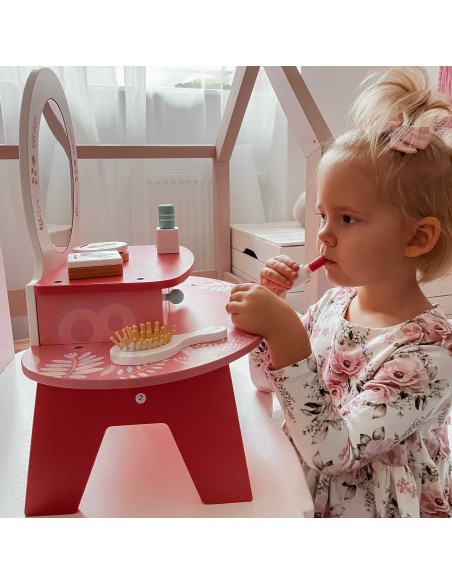 TOOKY TOY Pink Wooden Dressing Table with Mirror - Makeup for Kids