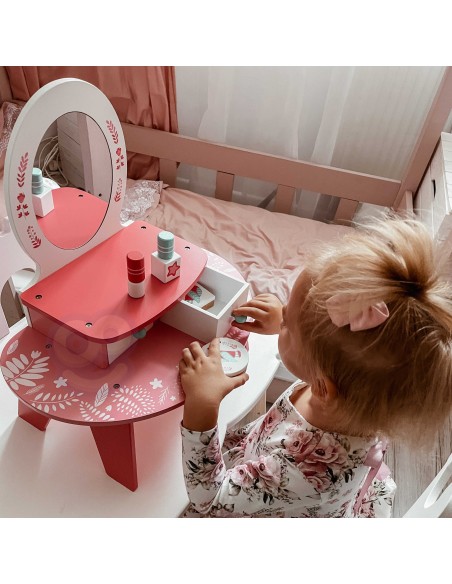 TOOKY TOY Pink Wooden Dressing Table with Mirror - Makeup for Kids