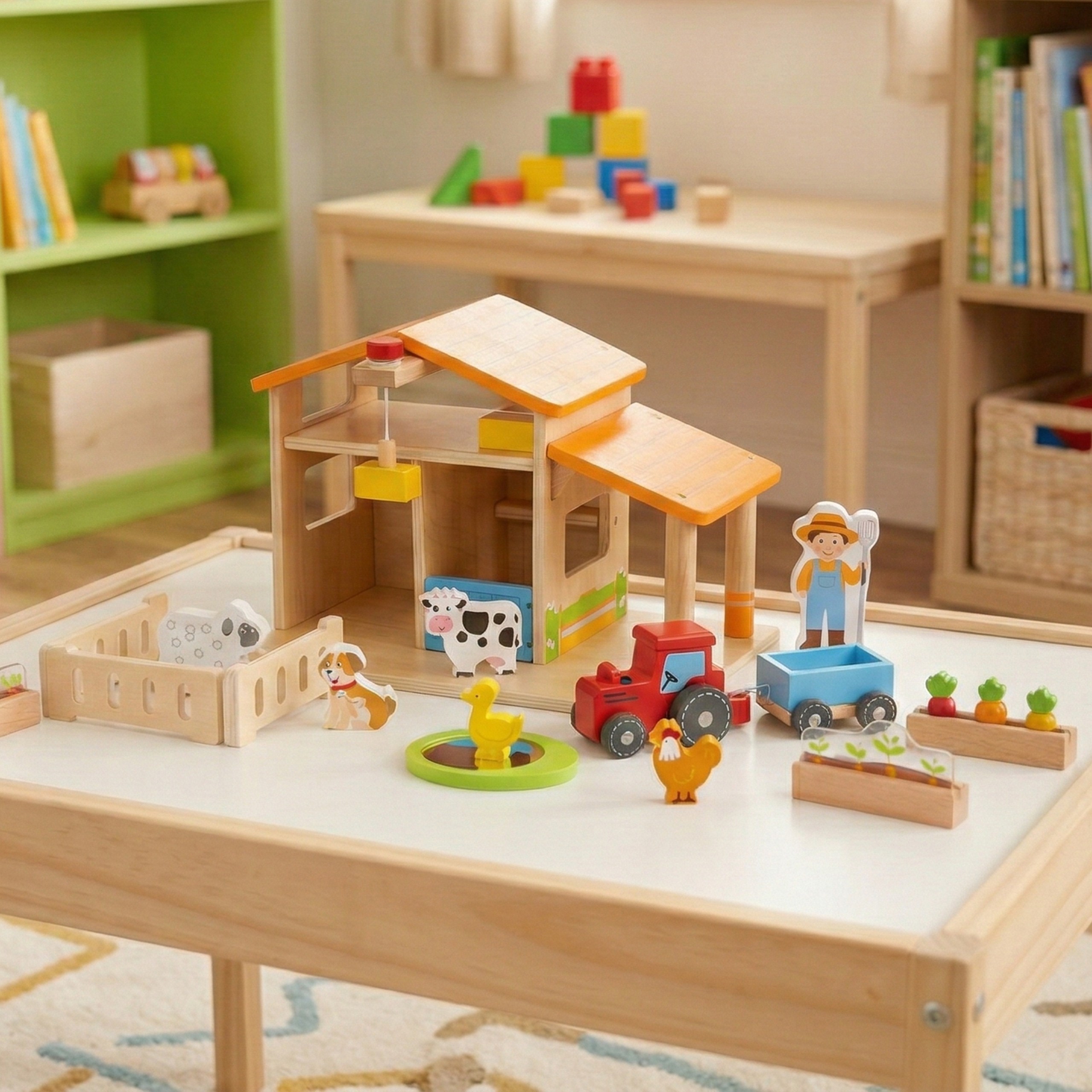 Drewniana farma dom farmera z ogródkiem i traktorem 21 el - 30 z 30
