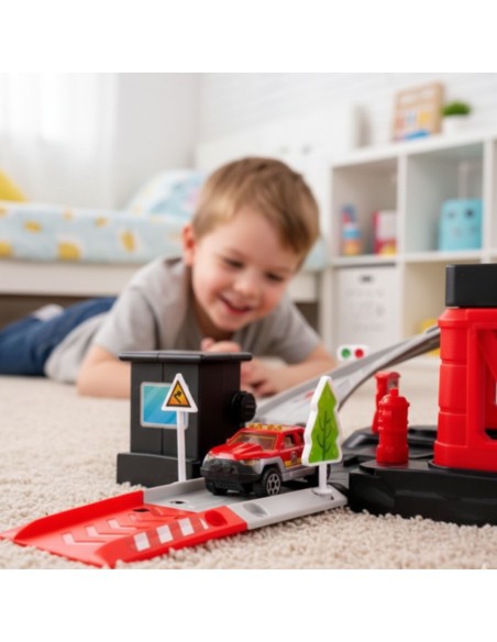Fire truck parking lot with cars and a helicopter - Woopie kids toy