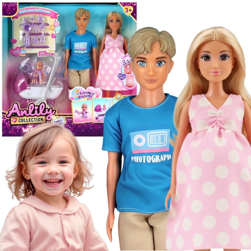 WOOPIE ROYAL Dockset Familj Lily Gravid Pappa Bebis Barnvagn Tillbehör