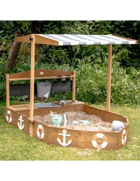 Holz-Sandkiste Schiff mit Schirm und Matschküche – Spielspaß mit AXI