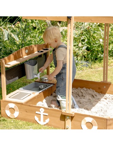 Drewniana Piaskownica Statek z Daszkiem i Kuchnią Błotną -zabawa z AXI