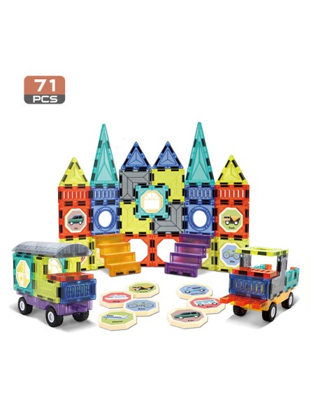 WOOPIE magnetinės 3D kaladėlės - Pilies ir Transporto Priemonių rinkinys 71 el.