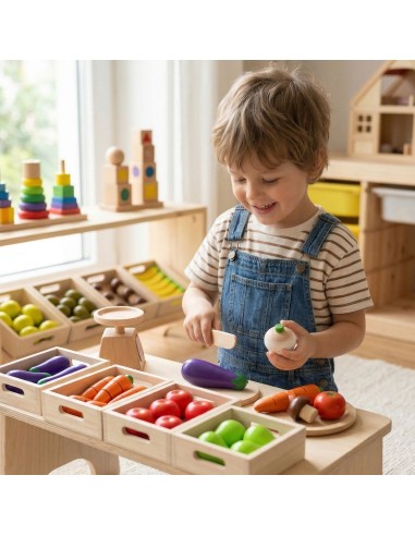 Zestaw Drewniane Owoce i Warzywa w Skrzynkach Viga - Edukacyjna Zabawa
