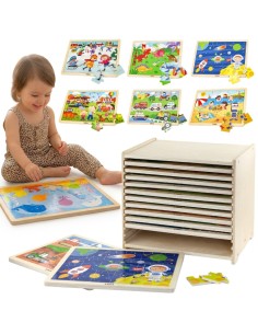 Viga Wooden Puzzle 12 puzzles, 24 pieces each, on a stand