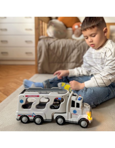 WOOPIE Priekaba su kelio elementais 5 automobilių rinkinys - Greitoji pagalba, komplekte, puikus smagumas!
