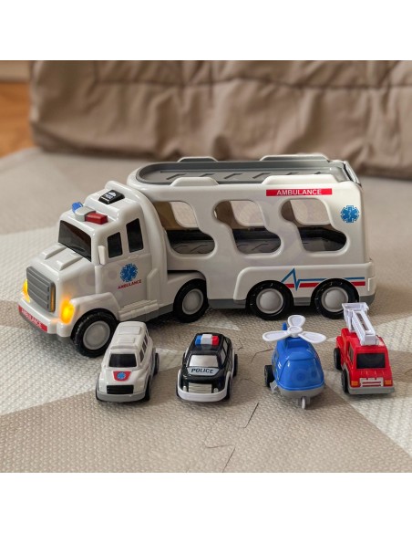 WOOPIE Pannen- und Transport-Lkw 5 Autos – Krankenwagen im Set, toller Spielspaß!