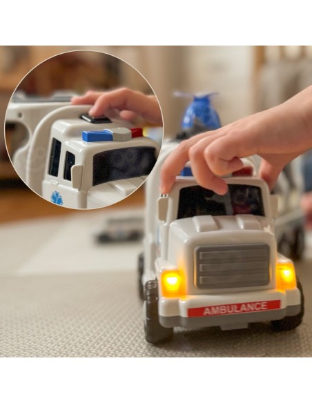 WOOPIE Priekaba su kelio elementais 5 automobilių rinkinys - Greitoji pagalba, komplekte, puikus smagumas!