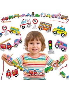 VIGA Holzbausteine Durchflechtspiel Schnurspiel Autos Spielzeug