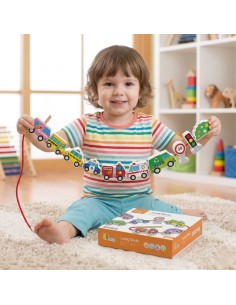 VIGA Holzbausteine Durchflechtspiel Schnurspiel Autos Spielzeug 2