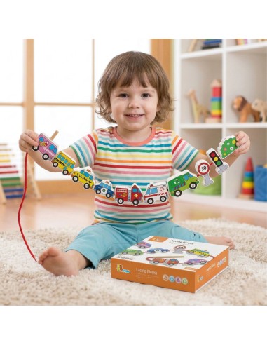 VIGA Holzbausteine Durchflechtspiel Schnurspiel Autos Spielzeug
