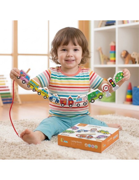 VIGA Holzbausteine Durchflechtspiel Schnurspiel Autos Spielzeug