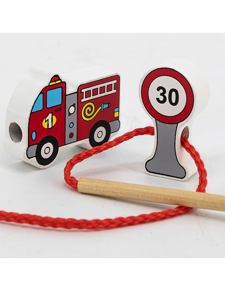 VIGA Holzbausteine Durchflechtspiel Schnurspiel Autos Spielzeug