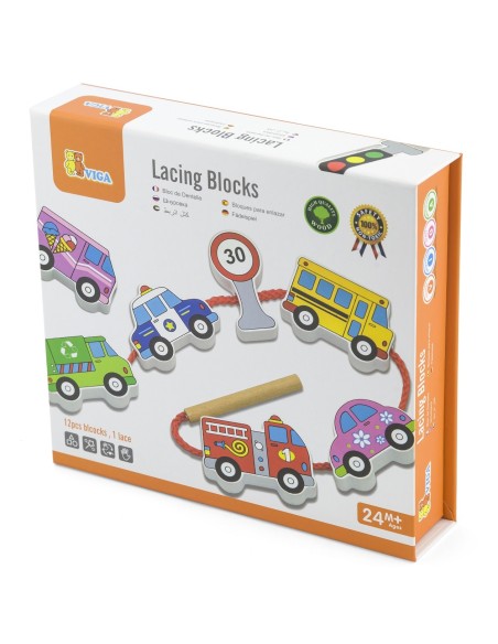 VIGA Holzbausteine Durchflechtspiel Schnurspiel Autos Spielzeug