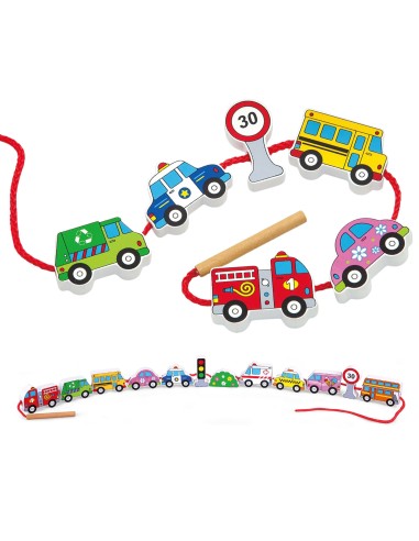 VIGA Holzbausteine Durchflechtspiel Schnurspiel Autos Spielzeug