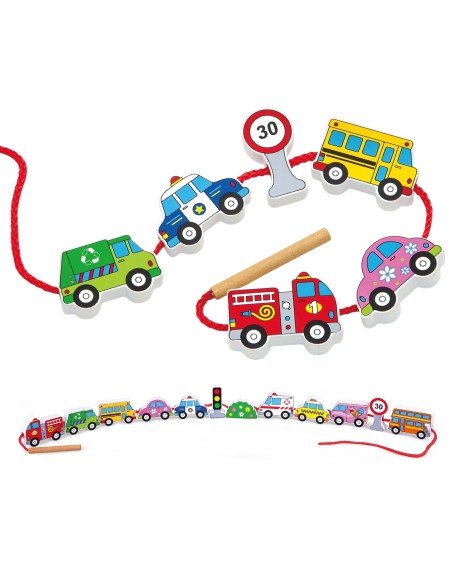VIGA Holzbausteine Durchflechtspiel Schnurspiel Autos Spielzeug