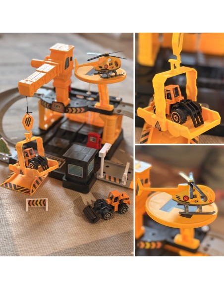 Parking firmy budowlanej z autkami i helikopterem - zabawa z Woopie