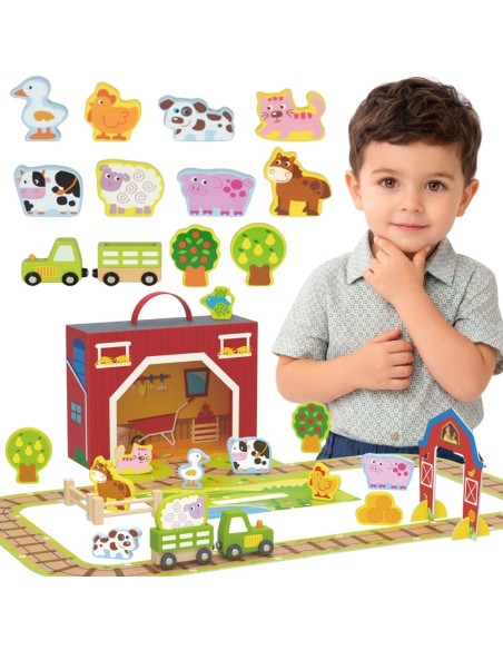 Medinė ūkio sodyba lagamine su figūrėlėmis ir transporto priemonėmis TOOKY TOY - 18 dalių rinkinys