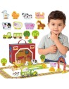 Medinė ūkio sodyba lagamine su figūrėlėmis ir transporto priemonėmis TOOKY TOY - 18 dalių rinkinys