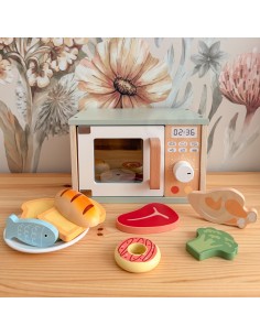 TOOKY TOY Drewniana Kuchenka Mikrofalowa Zestaw Produktów Sporzywczych 2