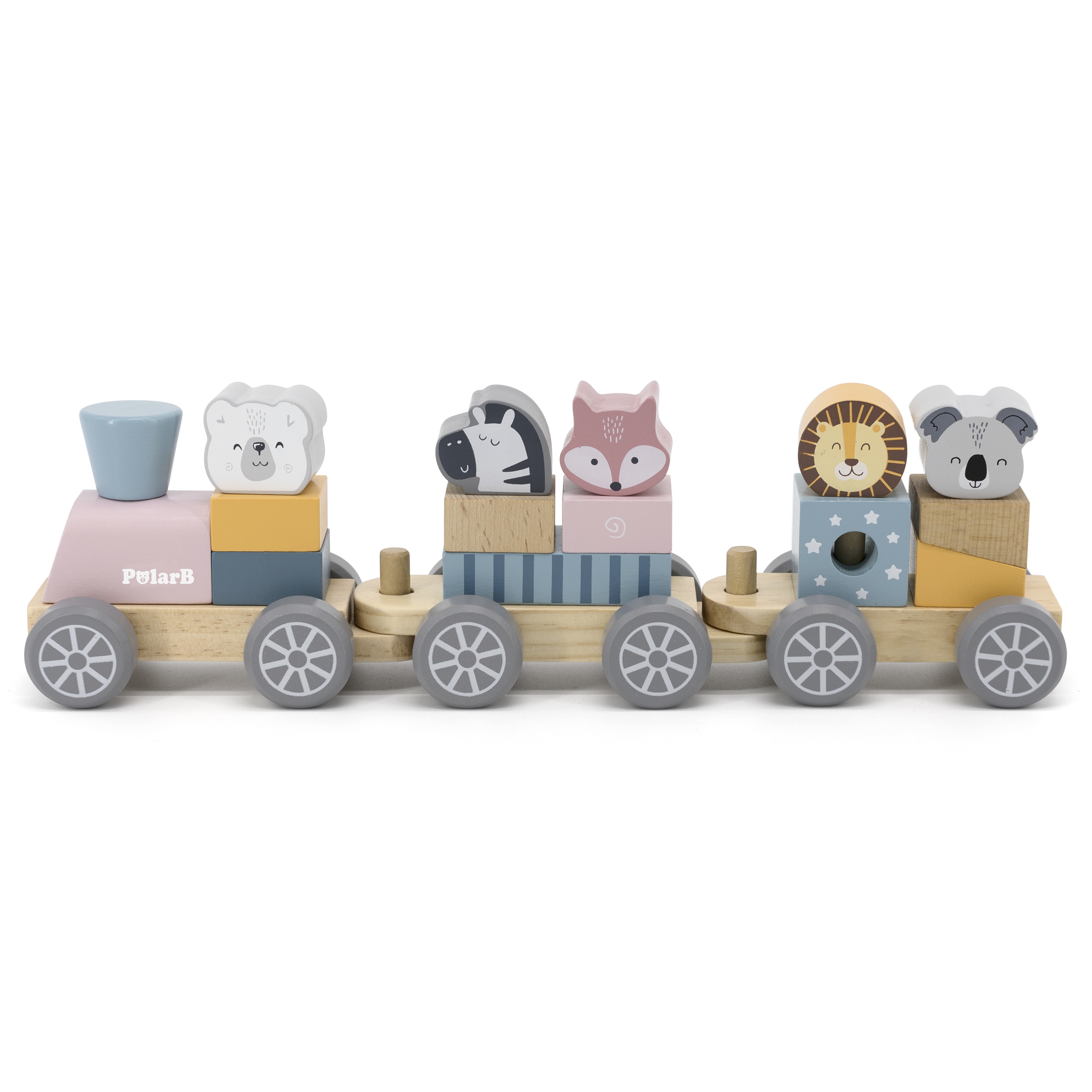 Polarb drewniana kolejka z wagonikami i zwierzątkami do ciągnięcia montessori